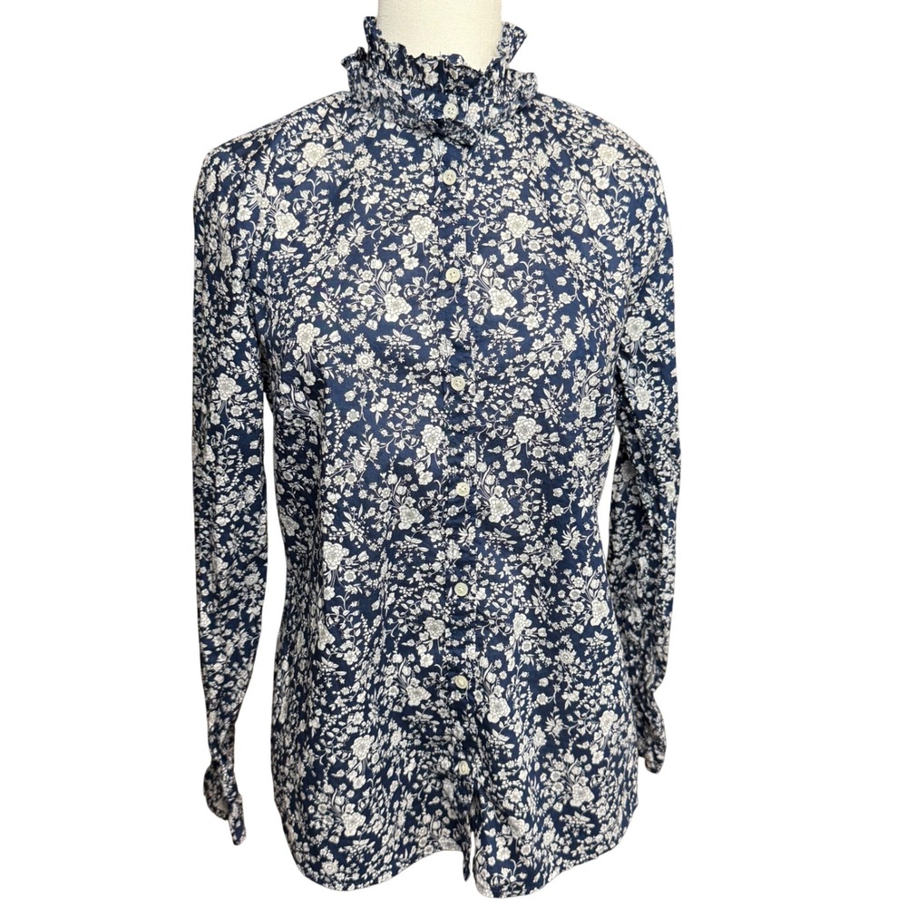 J.Crew Liberty Fabrics Floral Ruffle Neck Button Down Shirt Navy White Small